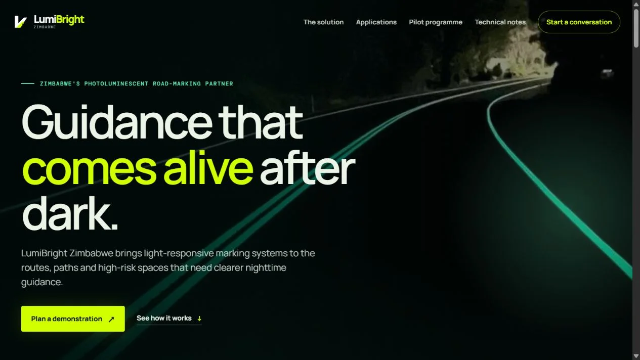 LumiBright Zimbabwe website presenting photoluminescent road-marking solutions