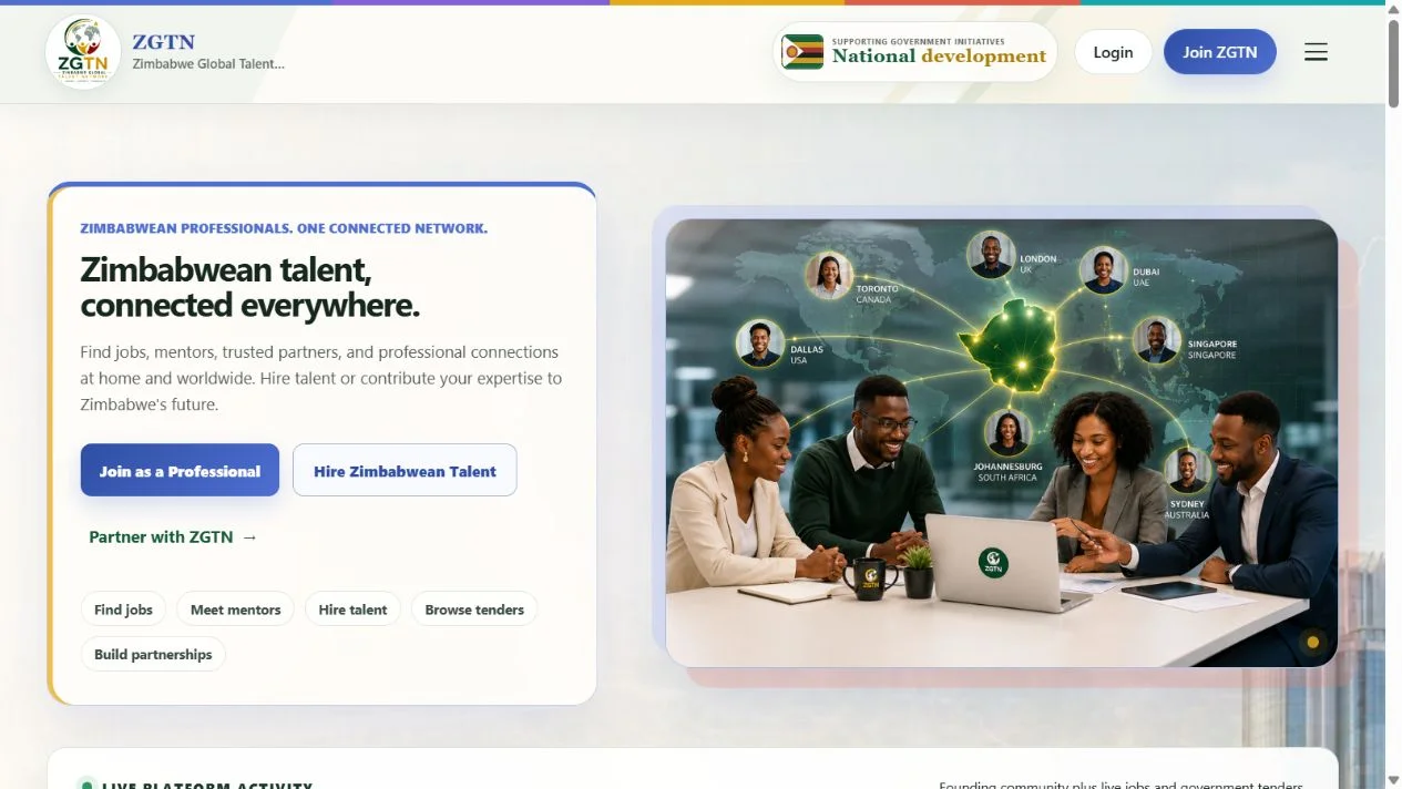 Zimbabwe Global Talent Network website with professional networking and career opportunities